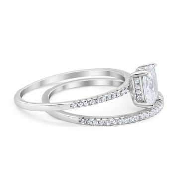 Art Deco Two Piece Wedding Radiant Simulated Cubic Zirconia Ring 925 Sterling Silver